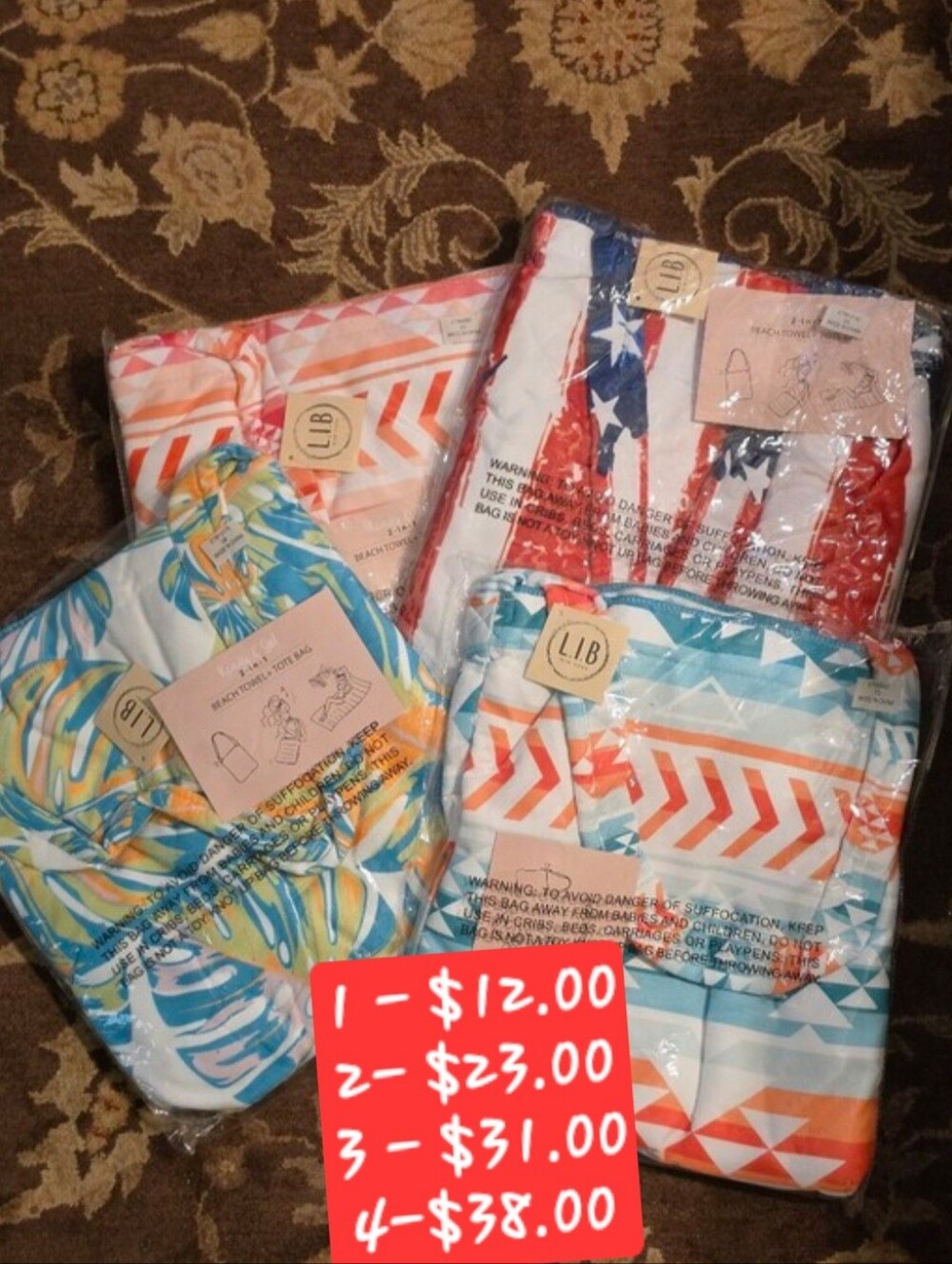 Beach Tote Set with Colorful Geometric and Tropical Prints